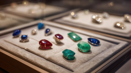 Discover a stunning array of colorful gemstones, including emeralds and rubies, presented in an elegant showcase at a jewelry exhibition.の素材