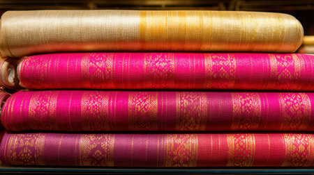 Discover a stunning arrangement of silk fabrics featuring rich pink, gold, and red colors, perfect for fashion, design, and decoration projects.の素材