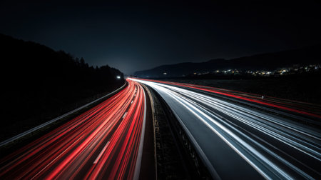 Captivating nighttime view of a highway featuring dynamic light trails from vehicles, set against a serene mountainous landscape.の素材
