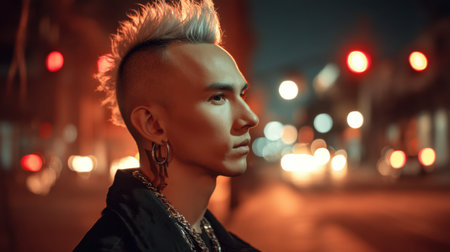 Captured at night, this urban portrait showcases a fashionable individual with a striking hairstyle. The city lights create an atmospheric backdrop, emphasizing the edgy expression and accessories of the model, perfect for themes of modern lifestyle and urban culture.の素材