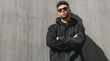 A confident young man in stylish black activewear stands against a textured concrete wall, exuding a modern, urban vibe that captures attention.の素材