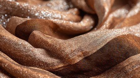 This image captures a close-up of an elegant brown fabric with a shimmering texture, showcasing smooth waves and luxurious softness, ideal for fashion or design.の素材
