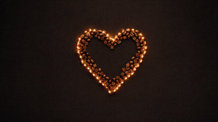 This artistic image features a heart shape created with coffee beans and fairy lights, set against a dark background. Ideal for portraying warmth and love.の素材