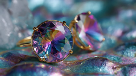 This stunning image features elegant gemstone rings that display vivid colors and intricate reflections, set against a shimmering surface, perfect for showcasing high-end jewelry designs.の素材