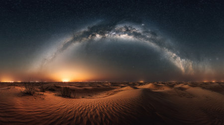 This stunning image showcases the Milky Way arching beautifully over a tranquil desert landscape at sunset. Perfect for nature and astronomy enthusiasts.の素材