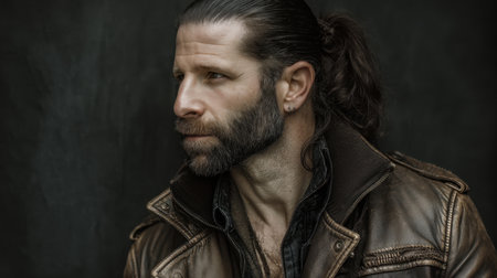 A dramatic portrait of a stylish man showcasing long hair and a beard, wearing a vintage leather jacket, illuminated against a dark background.の素材
