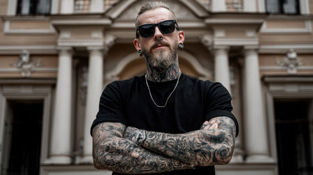 A stylish tattooed man stands confidently outdoors, wearing sunglasses and showcasing intricate body art against elegant architecture, embodying a strong personality.の素材