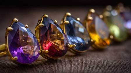 A stunning arrangement of colorful gemstones displayed in a row, highlighting their unique hues and intricate reflections. Ideal for jewelry and fashion projects.の素材