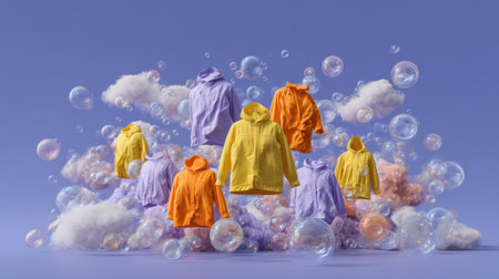 A vibrant composition showcasing colorful hooded jackets floating playfully among bubbles and soft clouds, creating a lively and whimsical atmosphere.の素材