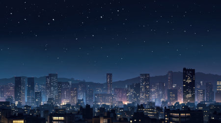 A stunning city skyline at night showcases illuminated buildings against a deep blue sky filled with twinkling stars and tranquil mountains.の素材