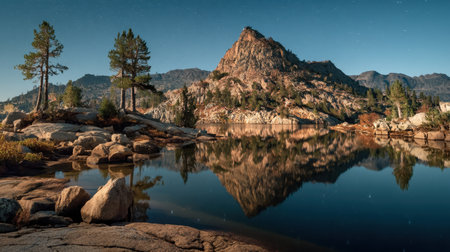 Captivating mountain landscape featuring a stunning reflection in tranquil water under a starry night sky showcases the beauty of nature.の素材