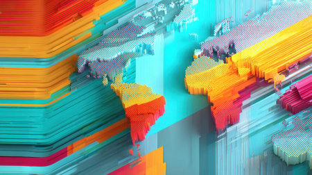 This striking abstract design features a world map in vibrant colors with layered textures, perfect for creative projects or modern backgrounds.の素材