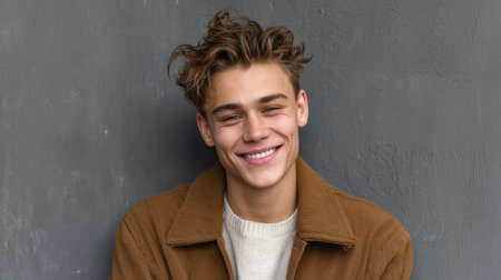 A young man showcases a bright smile against a textured gray wall, radiating warmth and confidence in his stylish brown jacket and sweater.の素材