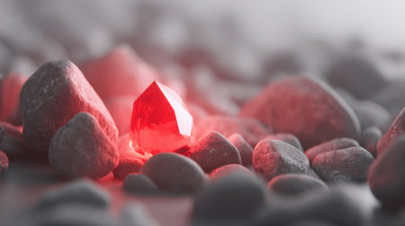 A striking red gem radiates a soft glow while nestled among smooth, textured stones, creating a serene and mystical atmosphere perfect for artistic projects.の素材