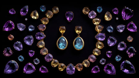 A stunning arrangement of various colorful gemstones displayed elegantly against a black backdrop, perfect for showcasing jewelry designs and fashion inspiration.の素材