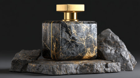 A stunning black marble perfume bottle with gold accents sits elegantly atop textured rocks. This luxurious piece showcases beauty and sophistication.の素材