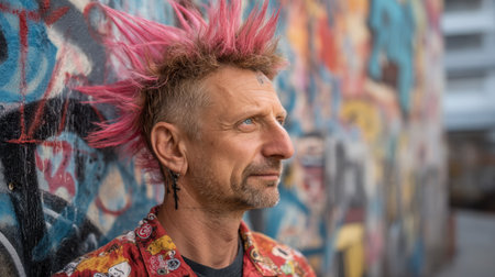 A man stands with a striking pink spiked hairstyle, showcasing his unique punk style against an artistic graffiti wall, radiating confidence.の素材