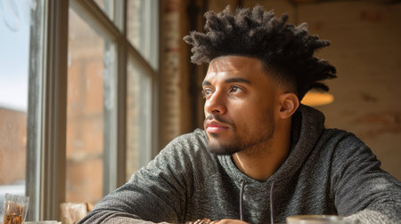 A young man with curly hair gazes thoughtfully out of a window in a cozy , capturing a serene moment of reflection and calm.の素材