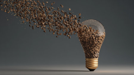 This captivating image features coffee beans pouring from a light bulb, symbolizing the fusion of creativity and coffee culture, perfect for promotional use.の素材