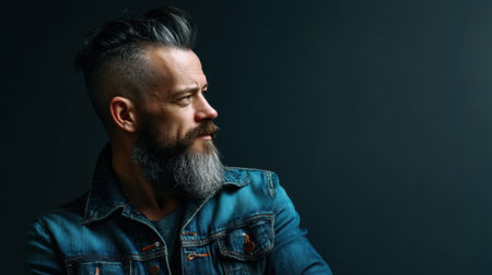 A confident man with a stylish beard and hair poses in a denim jacket against a dark background, illustrating modern masculinity and fashion.の素材