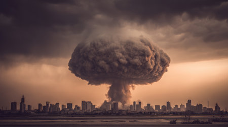 This captivating image captures a city skyline shrouded in dark clouds, evoking a dramatic and ominous atmosphere. The sunset adds intense colors, creating an unsettling yet striking scene.の素材