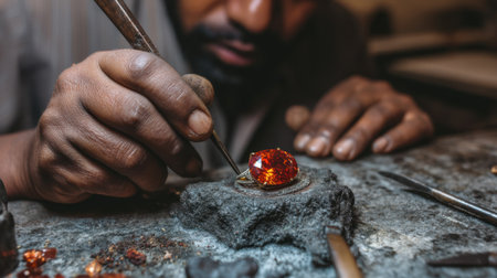 A focused artisan works meticulously on a bright amber gemstone ring, showcasing the intricate process of jewelry creation in a rustic workshop.の素材