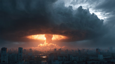 A dramatic apocalyptic landscape featuring a massive mushroom cloud rising over an urban area. Dark, ominous skies create a sense of chaos and fear.の素材