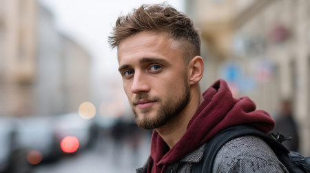 A thoughtful young man with a beard and short hair stands on a city street, dressed in casual clothing amid fog. The atmospheric scene captures urban life and introspection.の素材