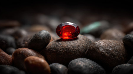 A stunning red gemstone rests on a textured stone surface, reflecting light beautifully. The composition highlights the vibrant color and elegance of the gem.の素材
