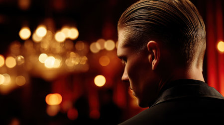 This artistic image captures a stylish man with slicked back hair, set against an elegant backdrop with warm bokeh lights, evoking charm and sophistication.の素材