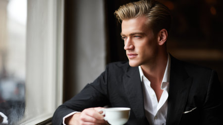 A sophisticated young man sits at a window in a cozy , enjoying his coffee while gazing thoughtfully outside, capturing a moment of tranquility and style.の素材