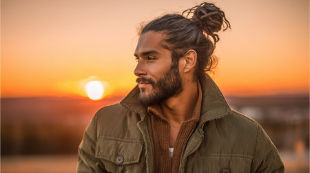 A handsome man with long hair styled in a bun stands against a beautiful sunset backdrop, embodying confidence and serenity. He wears a stylish jacket and scarf, creating a casual yet fashionable look. The warm colors of the landscape enhance the peaceful atmosphere of the moment.の素材