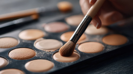 A detailed close-up of a makeup brush picking up foundation from a palette, set against a wooden surface. Ideal for beauty and skincare themes.の素材