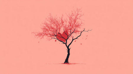 This artistic image features a solitary tree with a vibrant red heart nestled within its branches, set against a soft pink background. It embodies themes of love, nature, and emotional connection, inviting viewers to reflect on the beauty of solitude and affection in art.の素材
