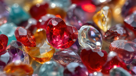 A stunning array of colorful heart-shaped gems and sparkling crystals capture light beautifully, creating a vibrant and luxurious visual display.の素材