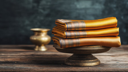 A stunning portrayal of elegant golden fabric artfully stacked on a decorative platter, complemented by an antique brass vase, set against a rustic wooden backdrop.の素材