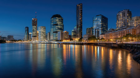 Captivating night scene showcasing a vibrant city skyline reflected in tranquil water, featuring modern architecture and illuminated buildings.の素材