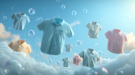 A whimsical scene featuring floating shirts surrounded by colorful bubbles and soft clouds, evoking feelings of creativity and playfulness.の素材