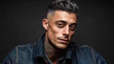 A striking portrait of a stylish man with short grey hair and tattoos, exuding confidence against a dark background while wearing a denim jacket.の素材