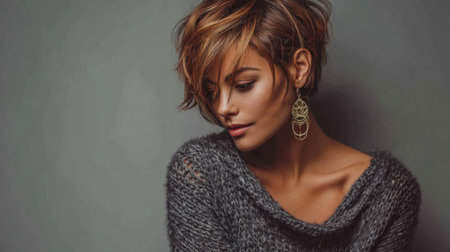 This captivating portrait features an elegant woman with short hair wearing a cozy sweater and stylish earrings, perfectly embodying beauty and sophistication.の素材
