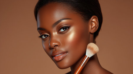 A stunning portrait of a confident model showcasing radiant skin and a flawless glow, holding a makeup brush against a warm background.の素材