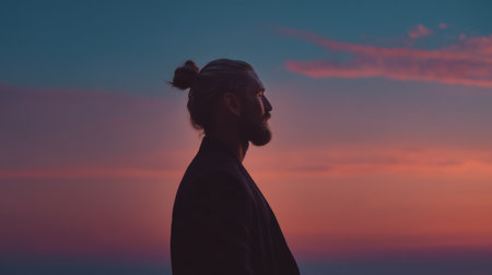 A serene profile view of a man with long hair in a bun during sunset, showcasing a calm and peaceful moment against a colorful sky.の素材