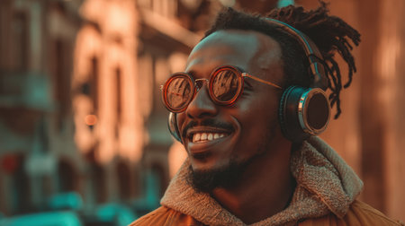 A young man listens to music with headphones while enjoying an outdoor setting. He wears stylish sunglasses, exuding joy and relaxation in a vibrant, urban environment.の素材