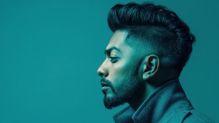A striking profile portrait of a stylish male with a modern haircut set against a soft blue background, capturing confidence and elegance in a creative way.の素材