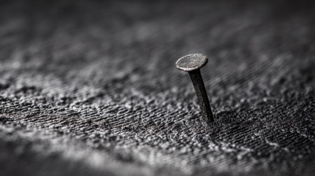 This close-up photograph captures a rusty nail protruding from a textured dark surface, showcasing the interplay of metal and fabric.の素材