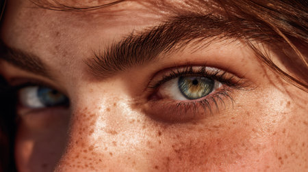 Captivating close-up portrait showcasing a person's bright eyes and freckles, emphasizing unique facial features and the essence of natural beauty.の素材
