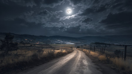 A stunning night scene captures a winding road through serene countryside, illuminated by a full moon and surrounded by dramatic clouds.の素材