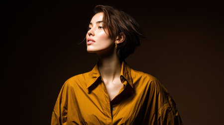 A sophisticated portrait of a woman wearing a stylish brown shirt, exhibiting elegance and confidence. Soft light enhances her features against a dark background, creating a serene and intimate atmosphere ideal for fashion and beauty projects.の素材