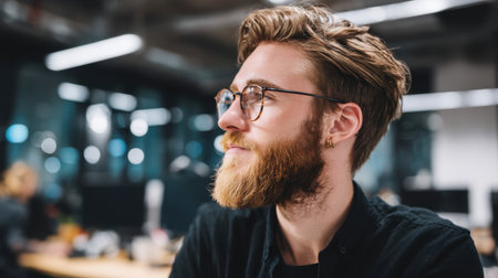 A young man with a stylish beard and glasses reflects in a modern office environment, showcasing a moment of deep thought and creativity.の素材