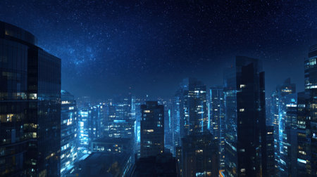 A breathtaking nighttime view of a vibrant urban skyline featuring tall skyscrapers illuminated in blue light under a starry sky.の素材